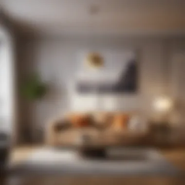 Modern Living Room with Elegant Lamp Elegant hanging lamp illuminating a modern living room