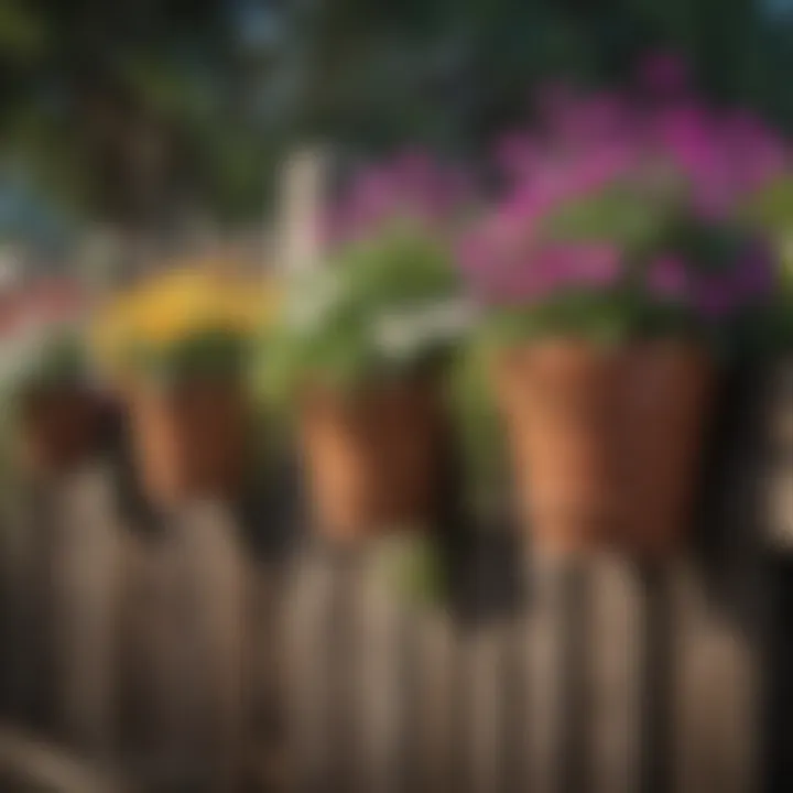 A variety of colorful flowers in hanging planters alongside a rustic fence
