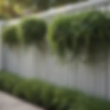 An outdoor setting showcasing a modern fence design with hanging plants