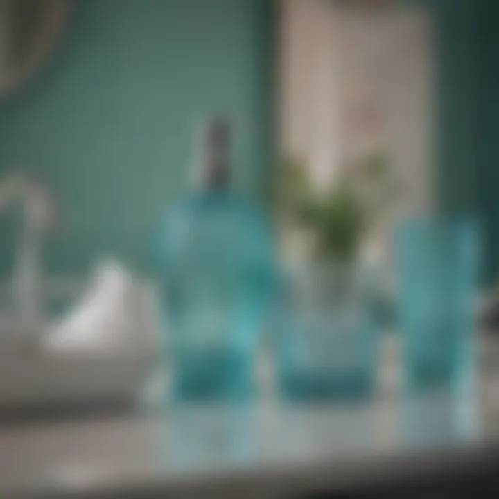 Close-up of Tiffany Blue decorative items in a bathroom