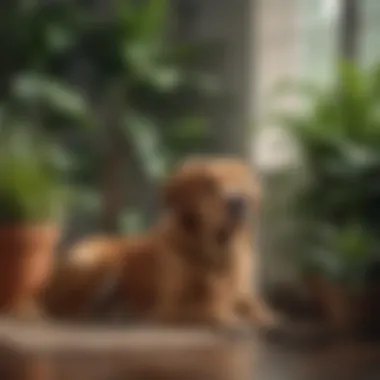 A dog peacefully resting next to a collection of safe indoor tree plants, illustrating harmony