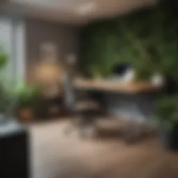 Stylish small office layout with modern furniture and greenery