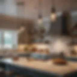 Stylish pendant lights above a rustic beach house kitchen island