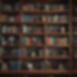 Colorful, eclectic bookshelf arrangement showcasing various book formats and decorative items