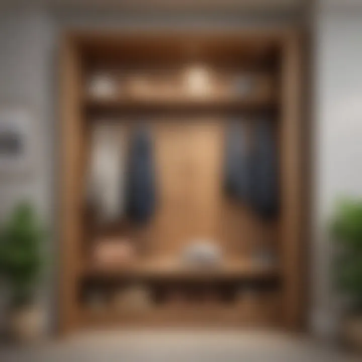 Chic entryway closet featuring natural wood finish and open shelves