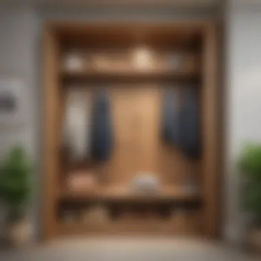 Chic Entryway Closet with Natural Wood Finish Chic entryway closet featuring natural wood finish and open shelves