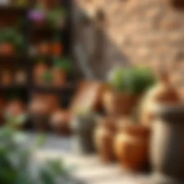 Aesthetic arrangement of terracotta pots in a rustic garden setting