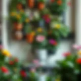 Stunning vertical garden showcasing pots filled with vibrant flowers and greenery