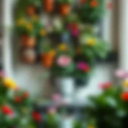 Stunning vertical garden showcasing pots filled with vibrant flowers and greenery
