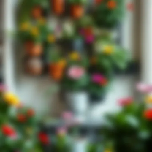 Stunning vertical garden showcasing pots filled with vibrant flowers and greenery