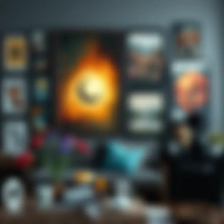 Artistic display of mixed media artwork with vibrant colors