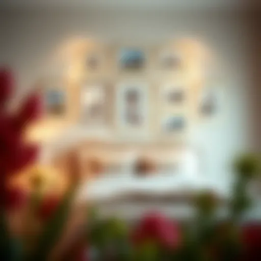 Elegant arrangement of framed photographs on a bedroom wall