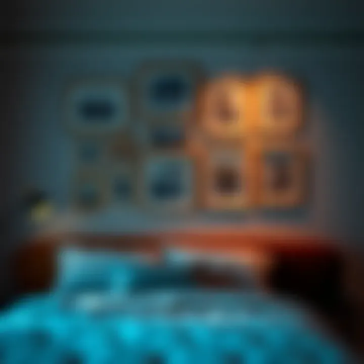 Stylish use of lighting to enhance picture frames in a cozy setting