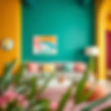Dynamic Color Palette in Living Space Vibrant color scheme featuring bold wall art and cushions