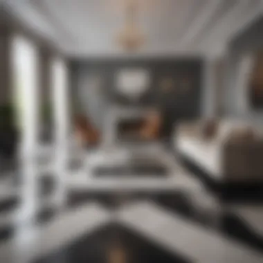 Modern Living Room with Geometric Marble Flooring A modern living room featuring a striking marble floor with geometric patterns