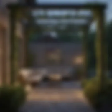 A modern pergola with climbing plants and ambient lighting