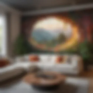 A modern living room featuring a stunning mural wallpaper