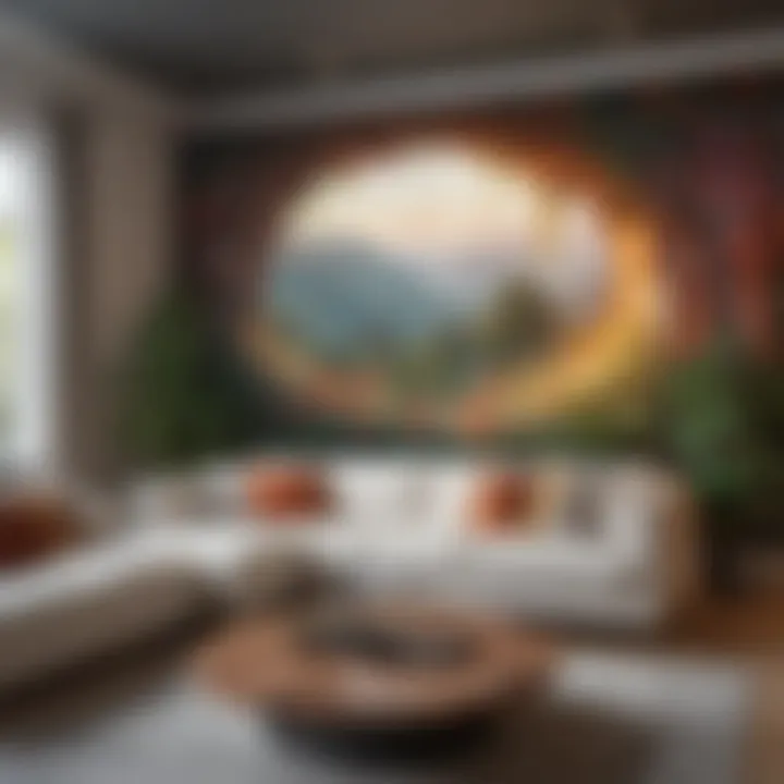 A modern living room featuring a stunning mural wallpaper