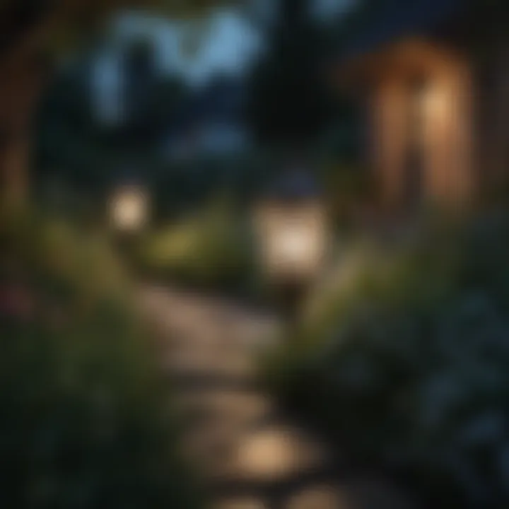 Outdoor lanterns enhancing a cottage garden path