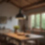 Rustic pendant light over a wooden dining table