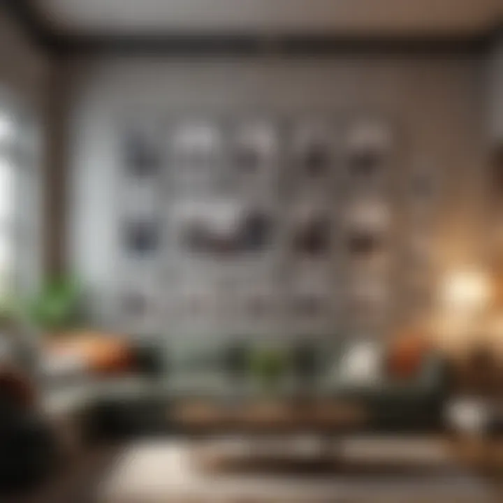 A modern living room displaying an artistic gallery wall filled with personal photos and artworks.