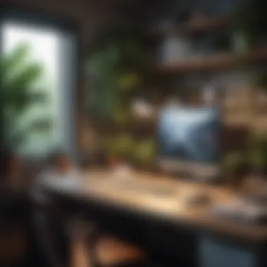 A well-organized workspace featuring plants and minimal decor