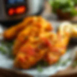 Golden crispy air fryer chicken wings garnished with herbs