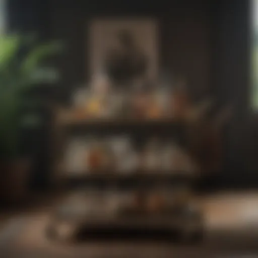 Stylish bar cart with an elegant setup showcasing various spirits and decor elements