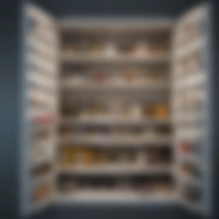 An organized cupboard showcasing various shelving arrangements.