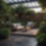 A beautifully designed patio with various plants creating a lush atmosphere