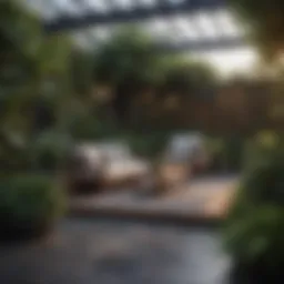 A beautifully designed patio with various plants creating a lush atmosphere