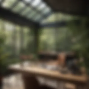Chic Workspace Amid Nature Stylish sunroom desk setup