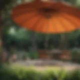Vibrant multi-color outdoor umbrella in a garden setting