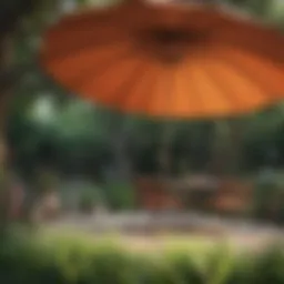 Vibrant multi-color outdoor umbrella in a garden setting