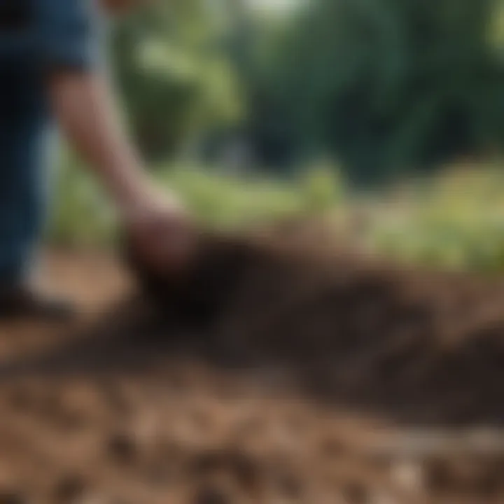 Demonstration of mulching technique on garden soil