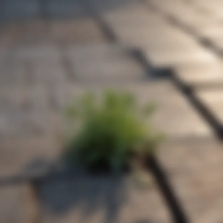 Close-up of weeds growing in between stone pavers