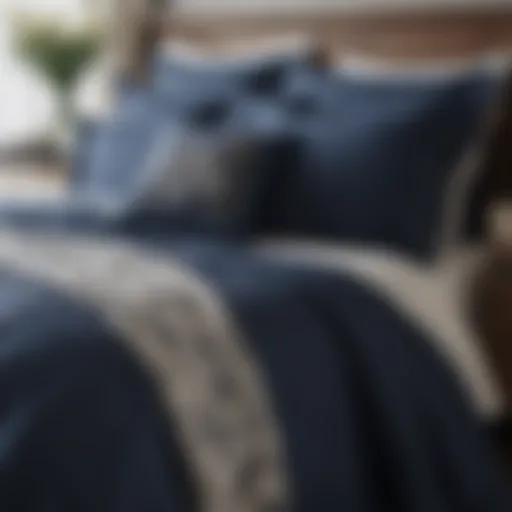 Elegant navy blue coastal bedding set showcasing patterns inspired by the ocean.