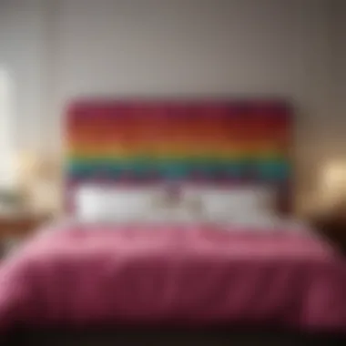 Colorful Fabric Headboard Colorful fabric headboard adding vibrancy to a cozy bedroom