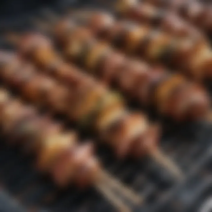 A close-up of perfectly grilled skewers with rich glaze