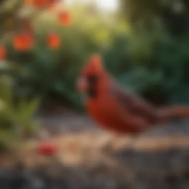 A cardinal feeding on seeds in a backyard