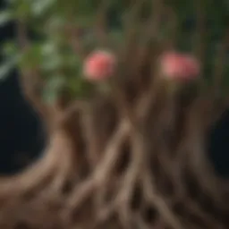 Close-up of healthy rose roots intertwined with mycorrhizal fungi