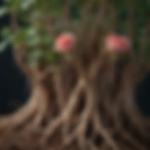 Close-up of healthy rose roots intertwined with mycorrhizal fungi