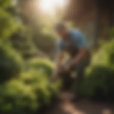 A gardener tending to healthy sun-loving shrubs in a sunny garden setting.