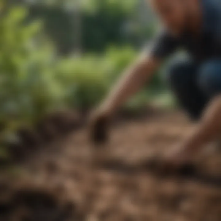 A gardener applying organic amendments to the soil