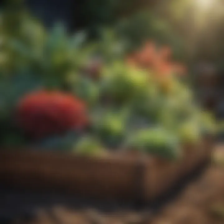 A vibrant raised garden bed thriving with various plants