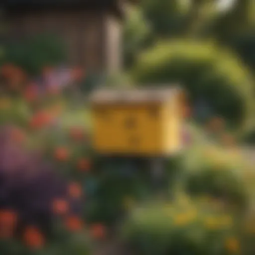 A beautifully designed bee box nestled in a vibrant garden filled with flowers.