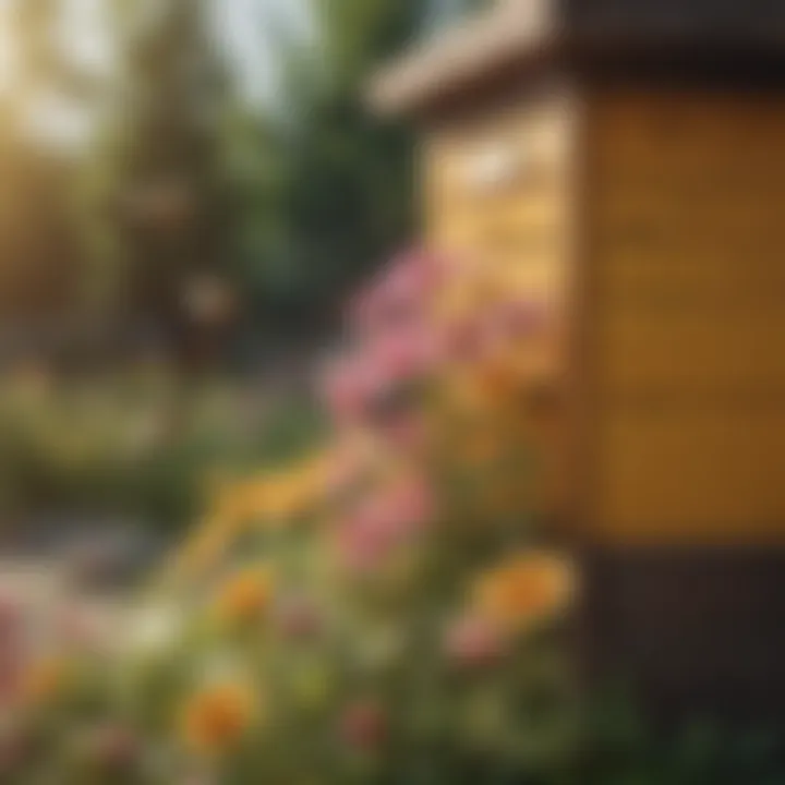 Close-up of bees pollinating flowers near a strategically placed bee box.