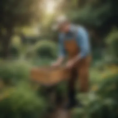 A gardener inspecting a well-maintained bee box surrounded by lush greenery.