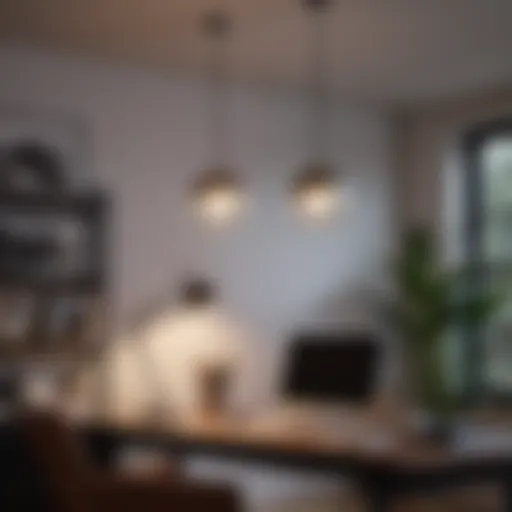 Contemporary pendant lighting over a sleek desk in a modern home office