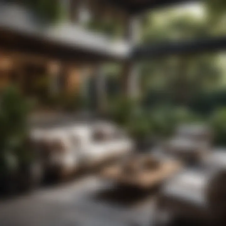 Elegant outdoor living area with stylish furniture and lush plants